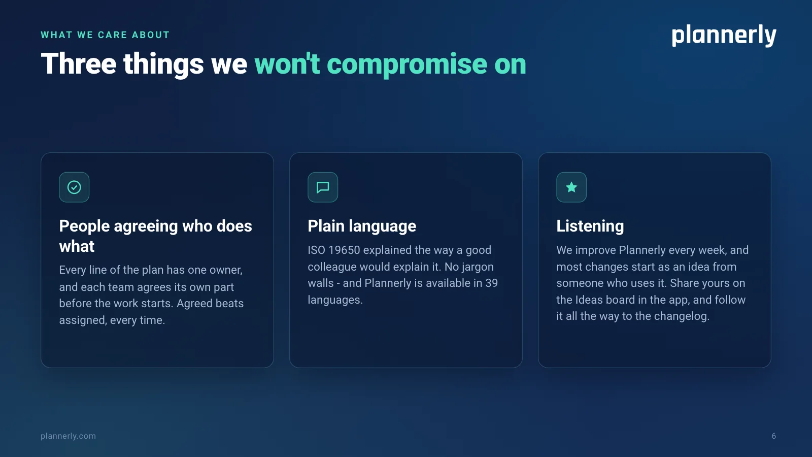 What we care about: people agreeing who does what, plain language, and listening - ideas from people who use Plannerly, shared and voted on in the Ideas board inside the app.
