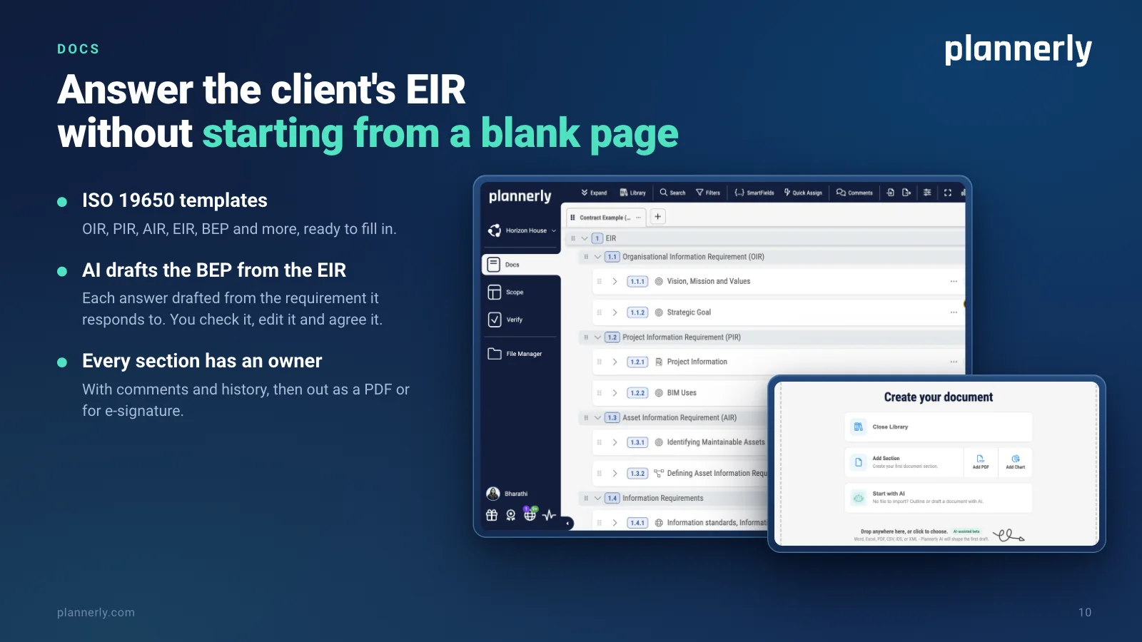 Plannerly Docs: an EIR written from the ISO 19650 template, with its OIR, PIR and AIR sections, and the Start with AI panel that drafts a document from a Word, Excel, PDF or IDS file.