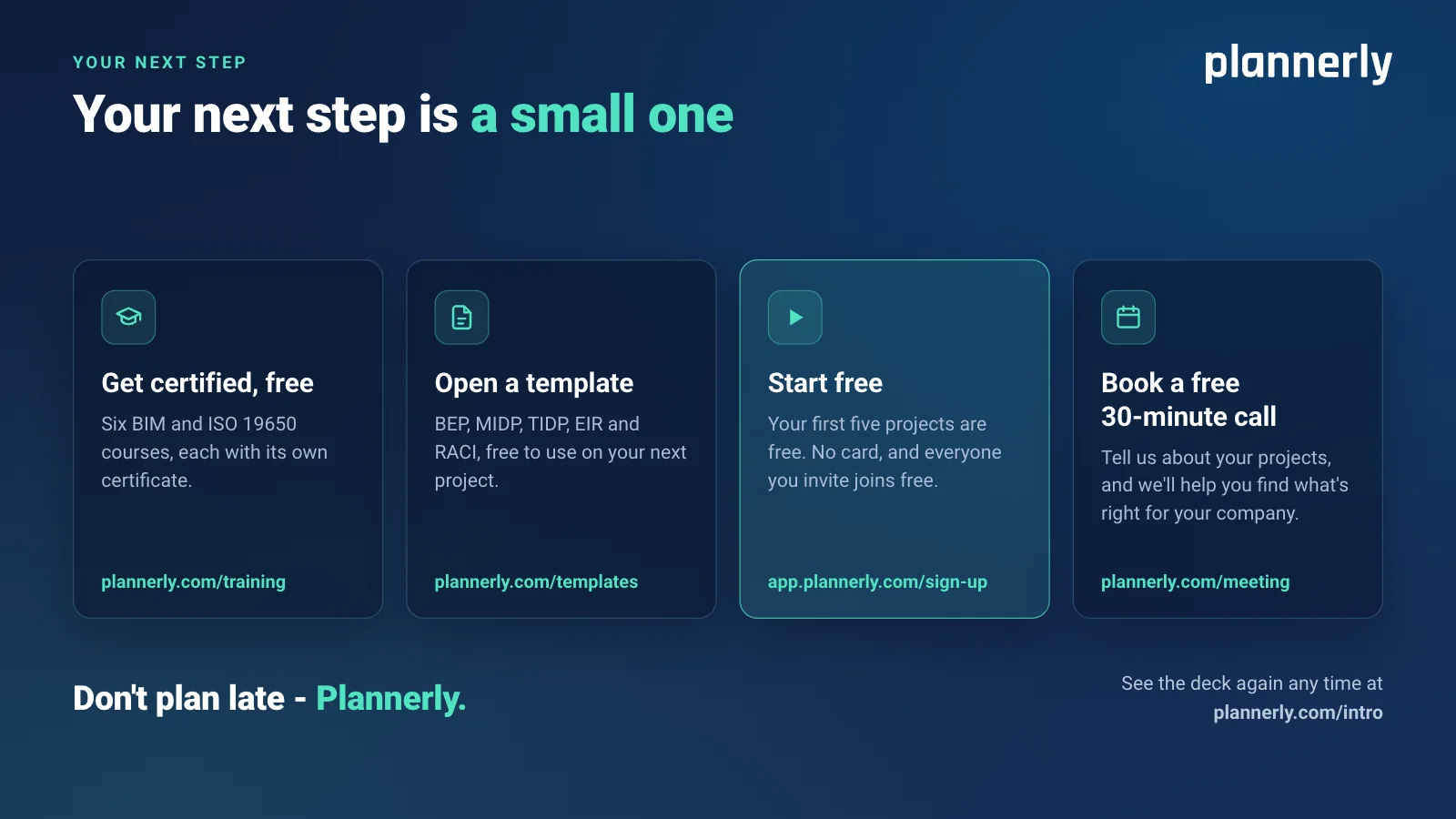 Your next step: get certified free at plannerly.com/training, open a free template at plannerly.com/templates, start free at app.plannerly.com/sign-up, or book a free 30-minute call at plannerly.com/meeting.