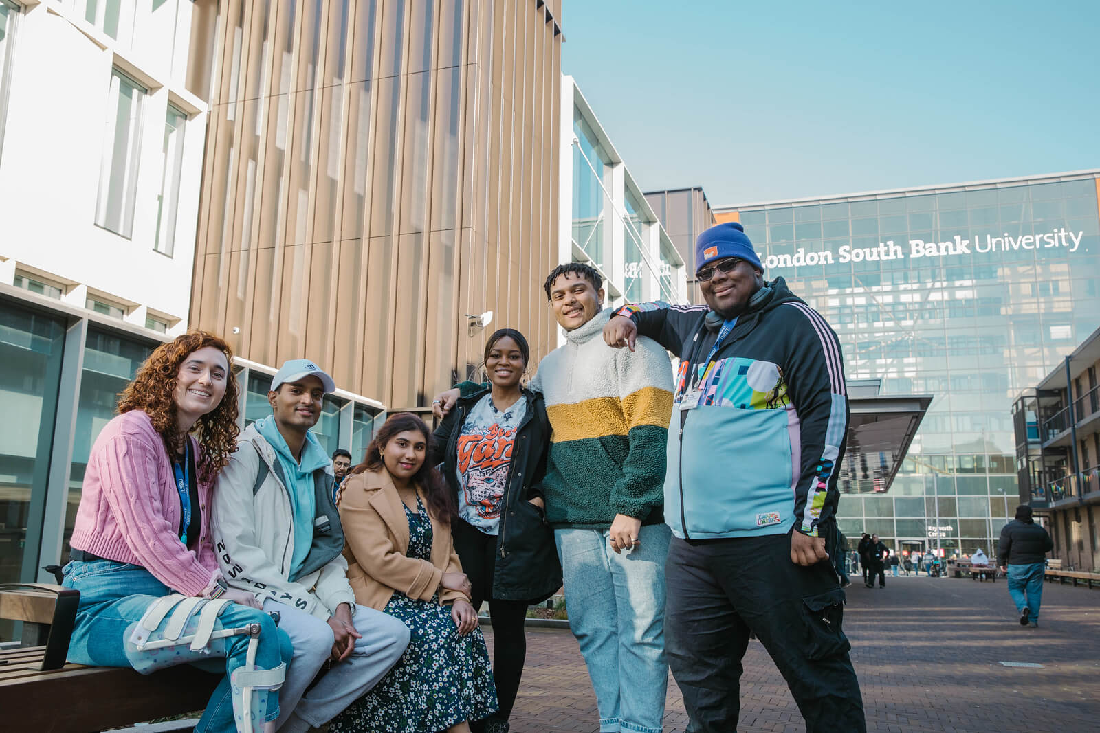 Students outside the London South Bank University campus building