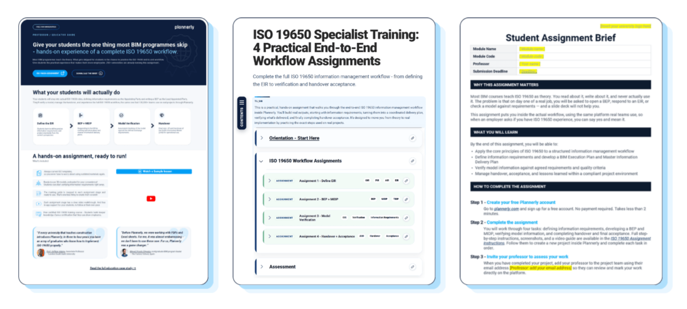 Preview of the ISO 19650 professor guide, workflow assignment, and student assignment brief downloads